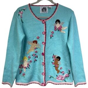 VTG Storybook Knits Blue and Pink Floral Cherub Angels Cardigan Sweater Size S
